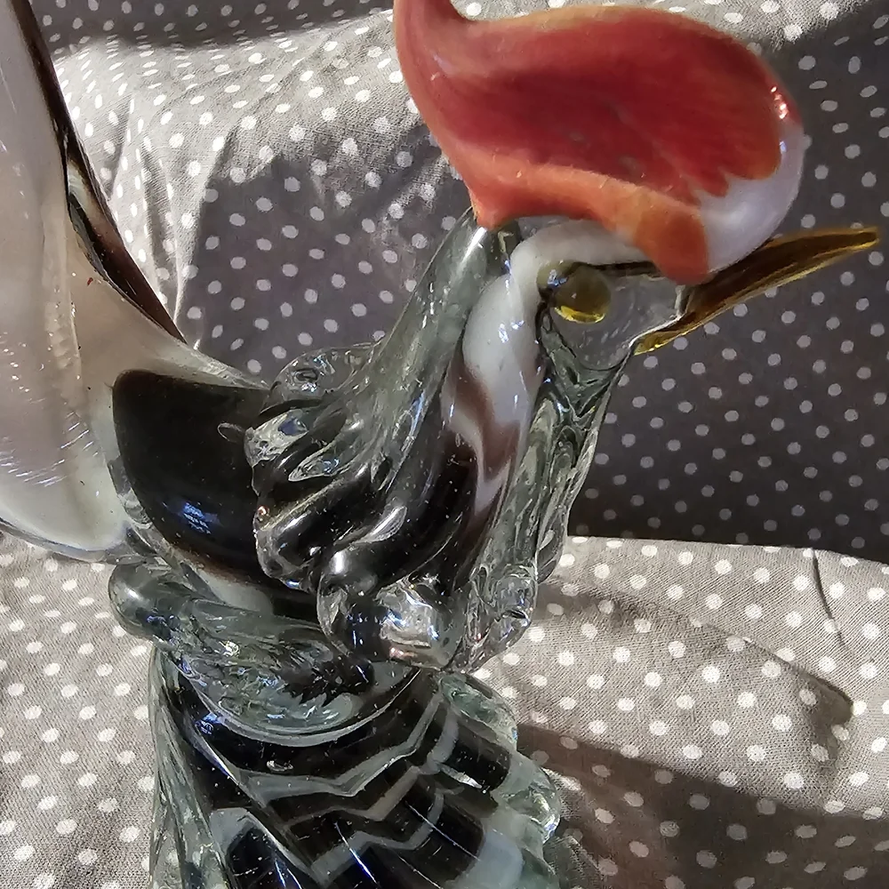 Handblown Glass Rooster Figurine - Red Crest, Clear Body - Unbranded